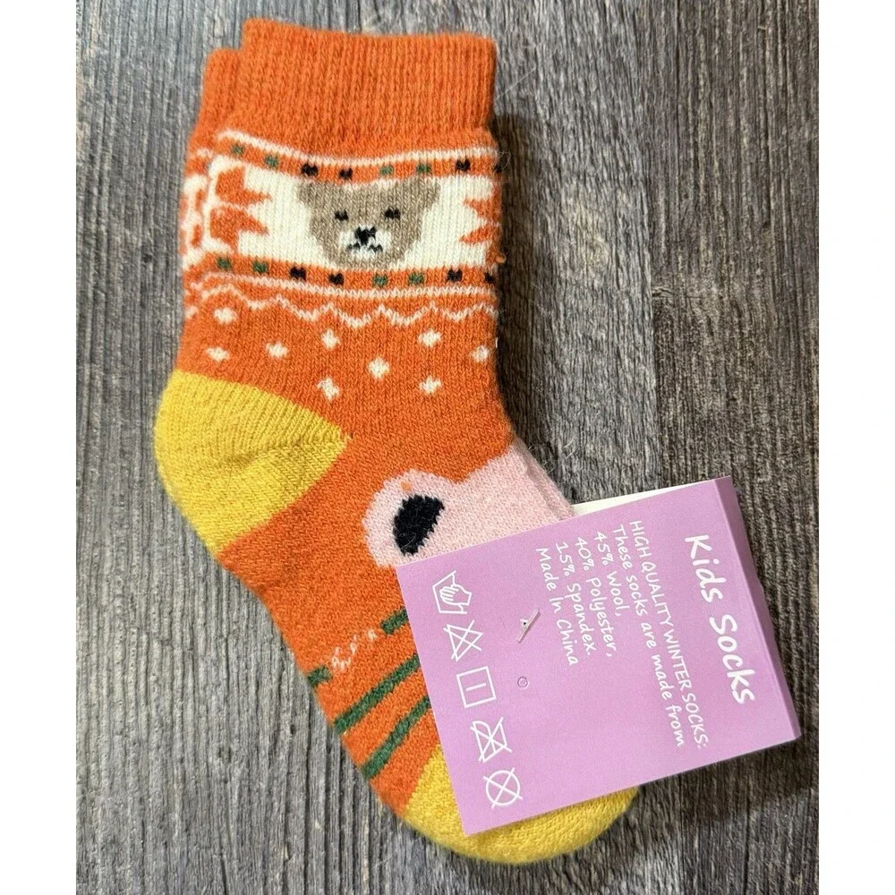 Kids Wool Blend Winter Socks Bear Fox Orange Cozy Toddler